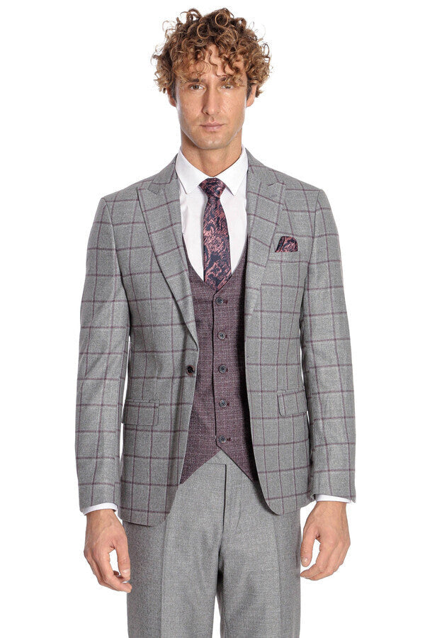 WSS Slim Fit Checked Patterned Grey Men Suit  - Gori