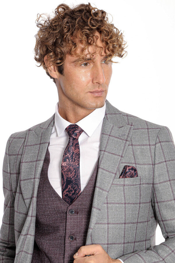 WSS Slim Fit Checked Patterned Grey Men Suit  - Gori