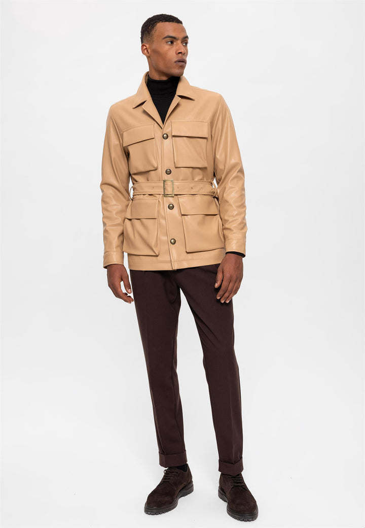 ANT Slim Fit Belted Faux Leather Men's Coat - Poitiers