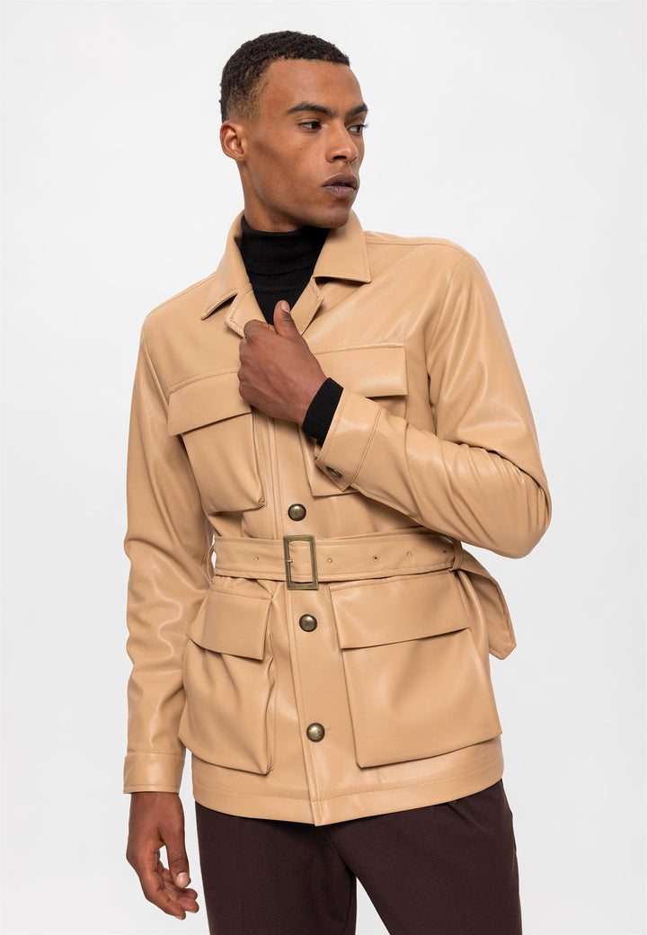 ANT Slim Fit Belted Faux Leather Men's Coat - Poitiers
