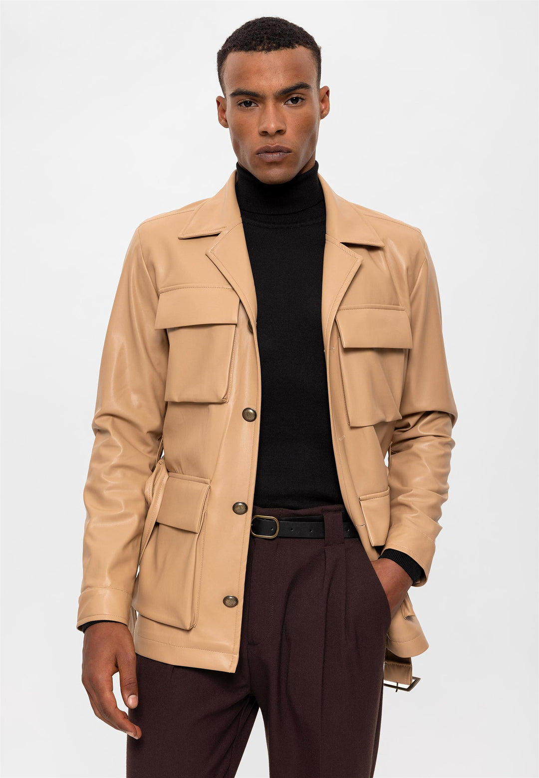 ANT Slim Fit Belted Faux Leather Men's Coat - Poitiers