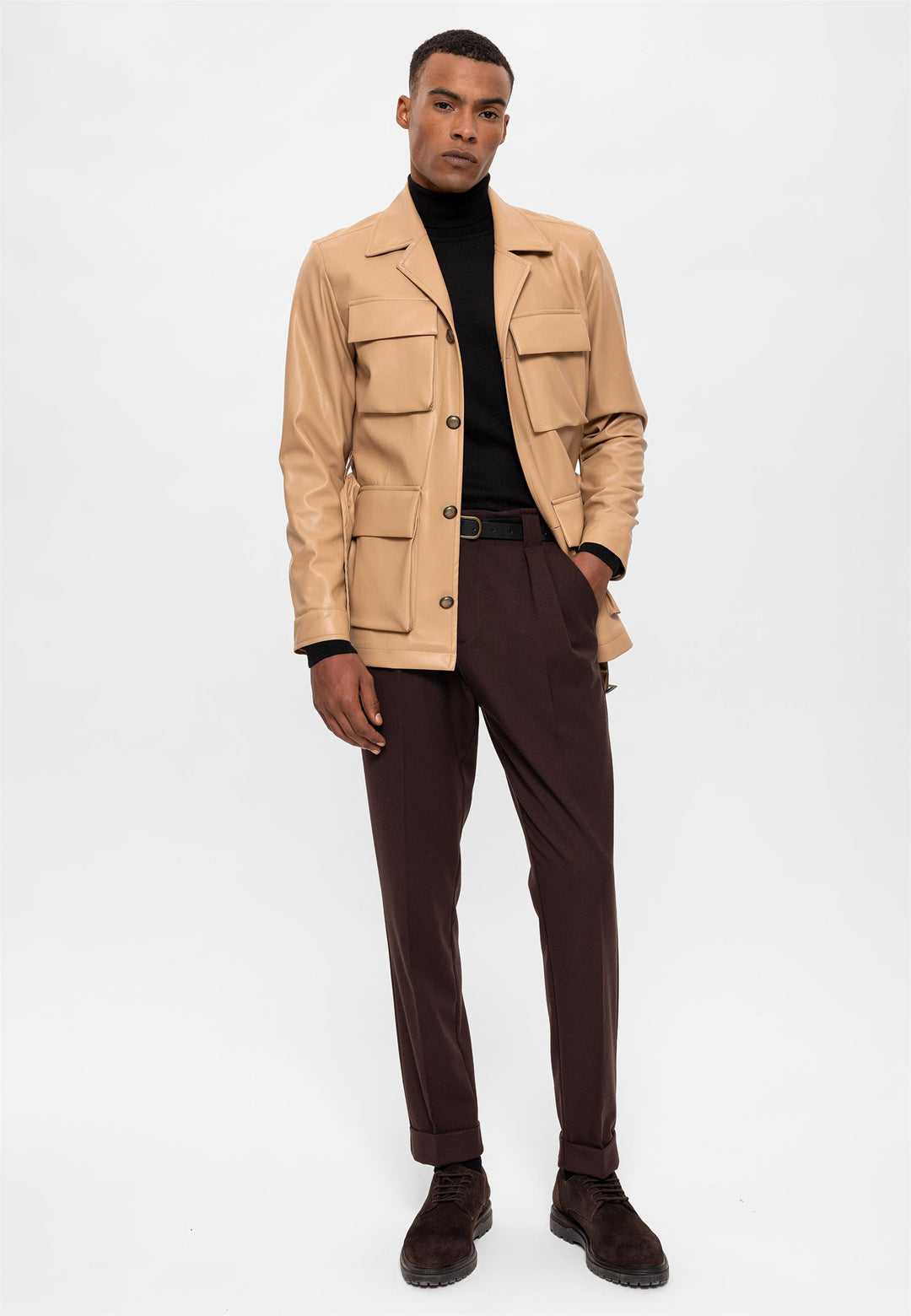 ANT Slim Fit Belted Faux Leather Men's Coat - Poitiers
