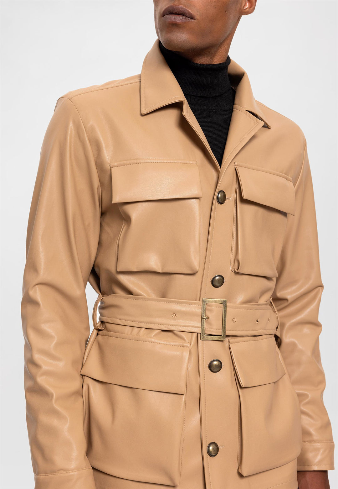 ANT Slim Fit Belted Faux Leather Men's Coat - Poitiers
