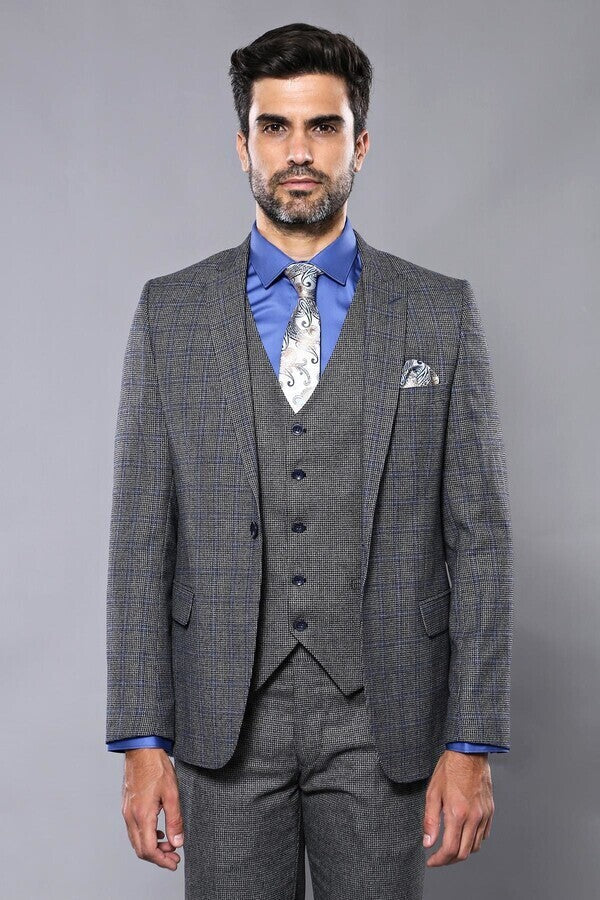 WSS Plaid Slim-Fit Black 3 Piece Suit  - Échirolles