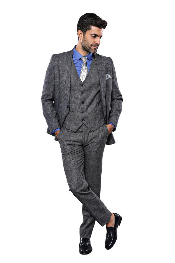 WSS Plaid Slim-Fit Black 3 Piece Suit  - Échirolles