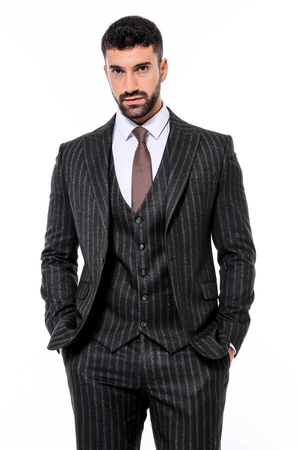 WSS Striped Black Slim-Fit Vested Men's Suit  - Detmold