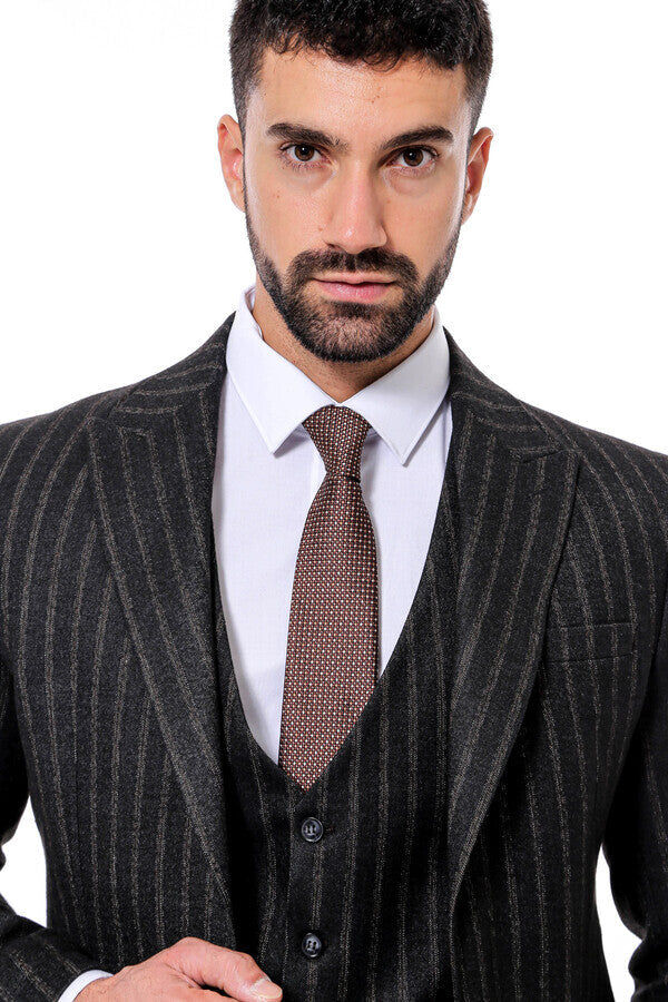 WSS Striped Black Slim-Fit Vested Men's Suit  - Detmold