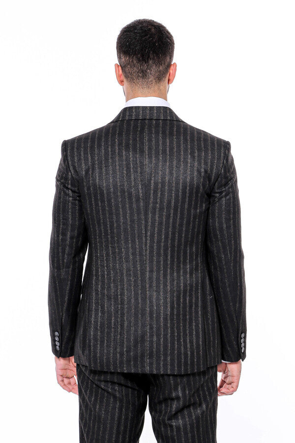 WSS Striped Black Slim-Fit Vested Men's Suit  - Detmold