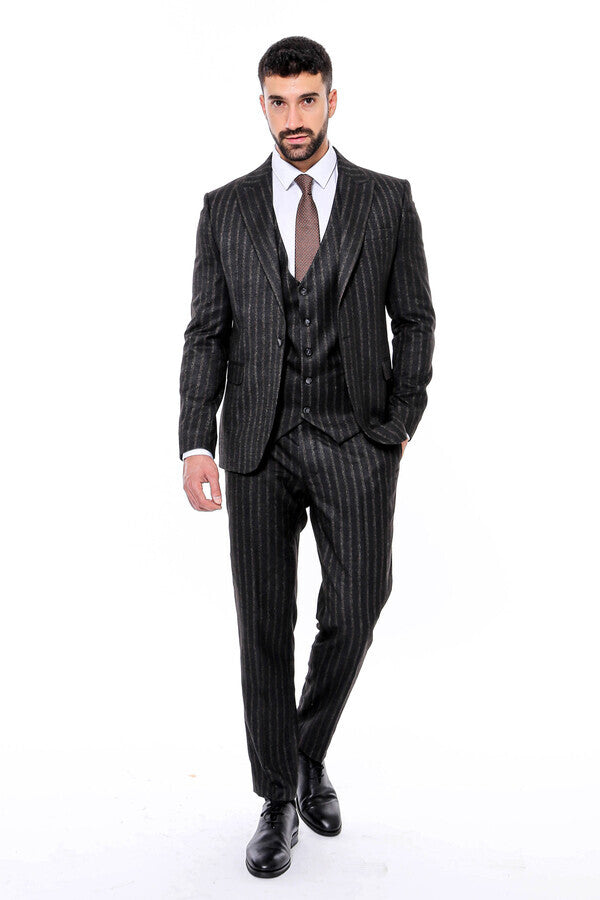 WSS Striped Black Slim-Fit Vested Men's Suit  - Detmold