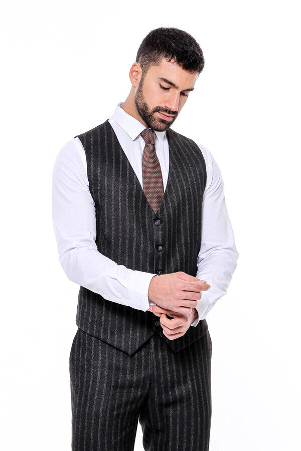 WSS Striped Black Slim-Fit Vested Men's Suit  - Detmold