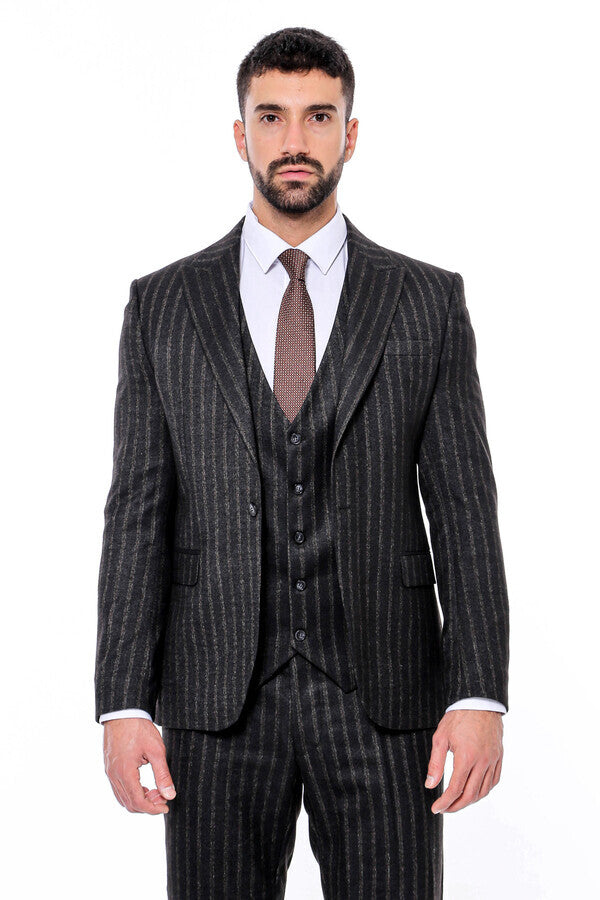 WSS Striped Black Slim-Fit Vested Men's Suit  - Detmold