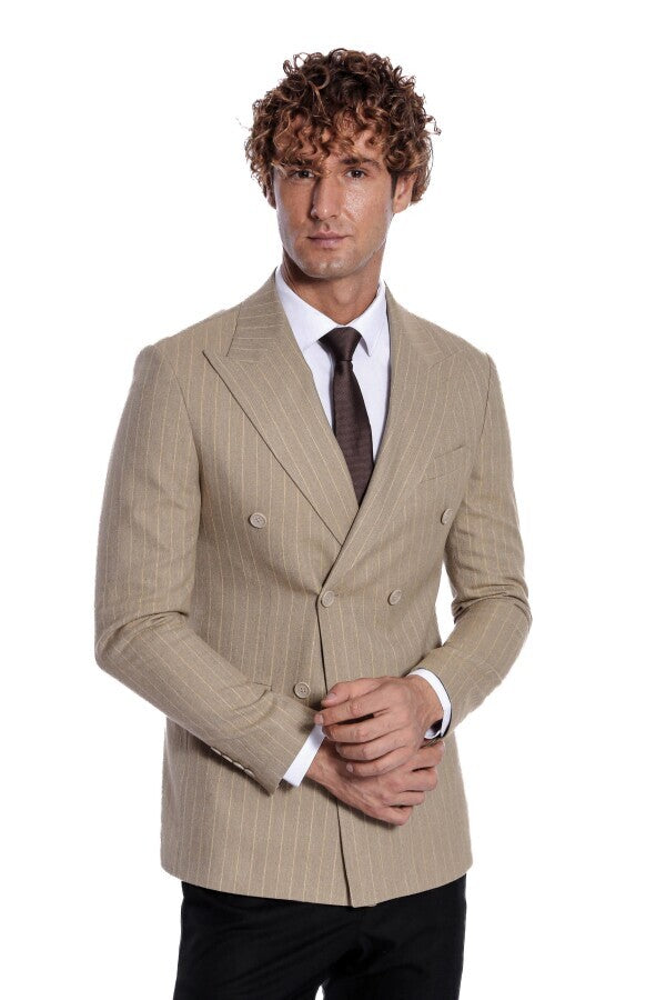 WSS Striped Double Breasted Cream Men Blazer  - Tournai