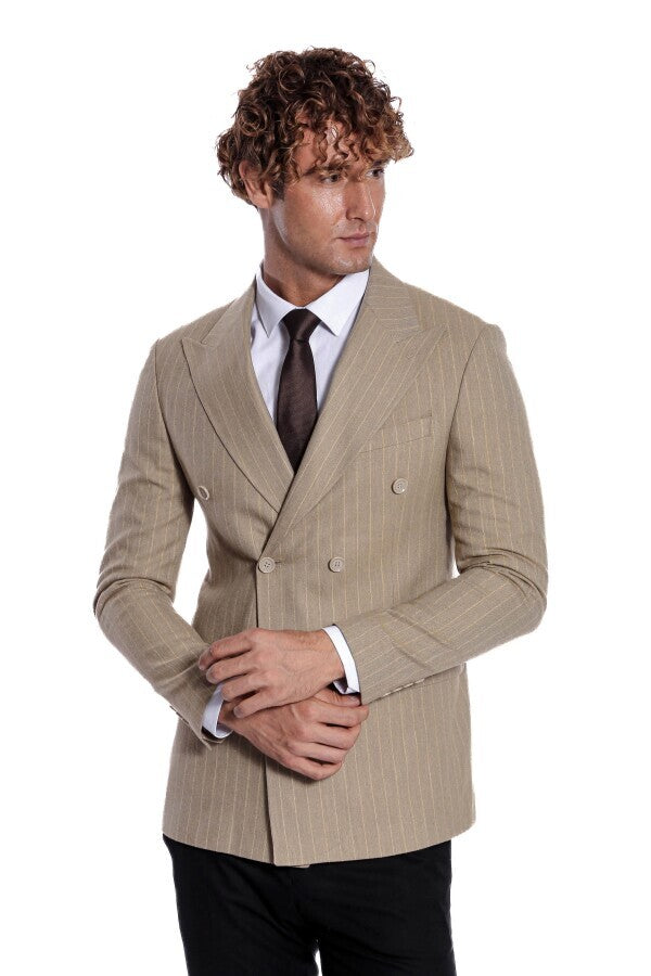 WSS Striped Double Breasted Cream Men Blazer  - Tournai