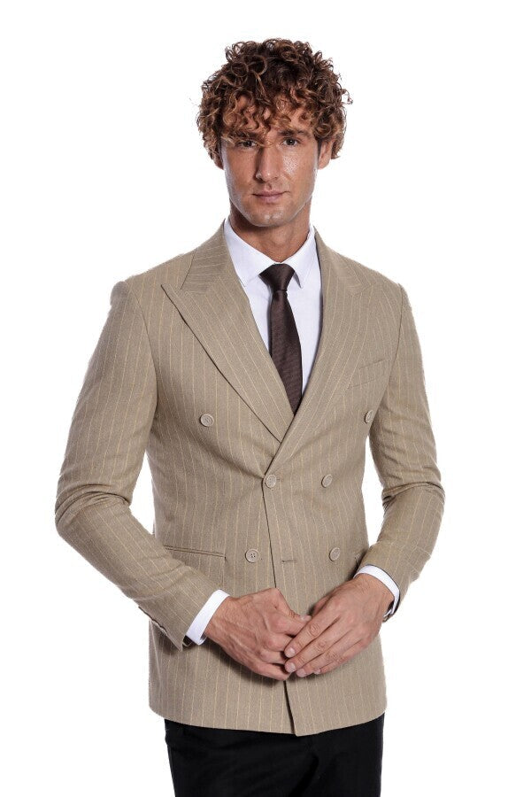 WSS Striped Double Breasted Cream Men Blazer  - Tournai