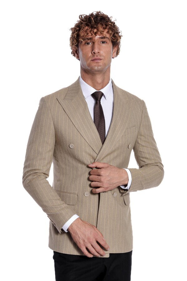 WSS Striped Double Breasted Cream Men Blazer  - Tournai