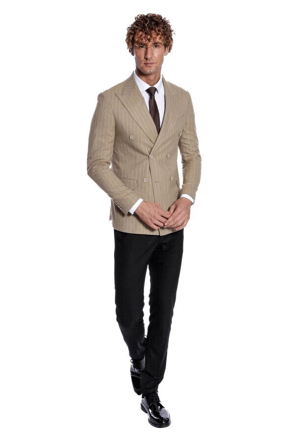 WSS Striped Double Breasted Cream Men Blazer  - Tournai
