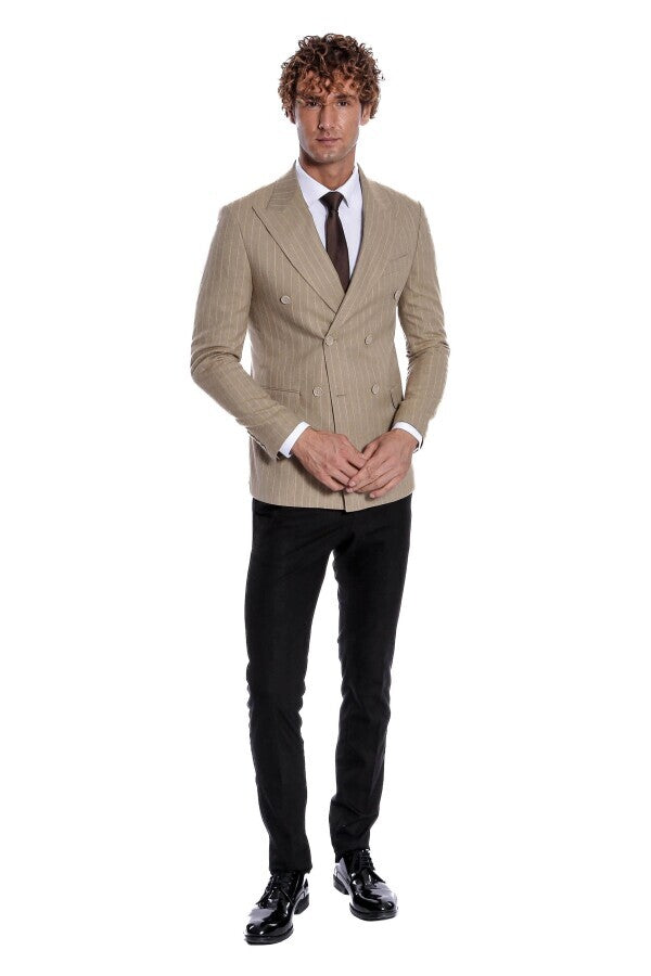 WSS Striped Double Breasted Cream Men Blazer  - Tournai