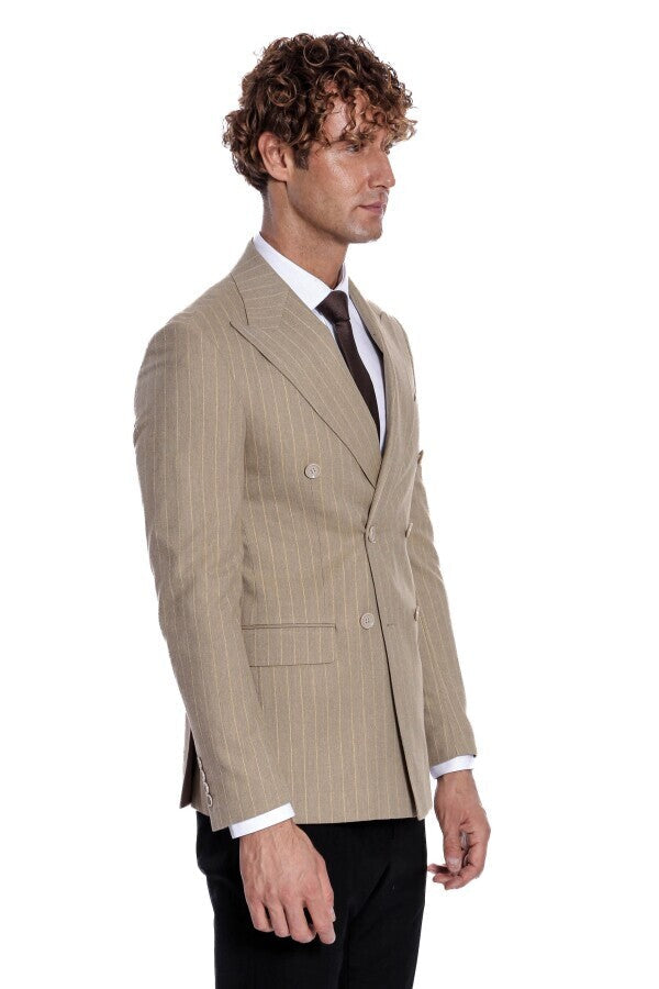 WSS Striped Double Breasted Cream Men Blazer  - Tournai