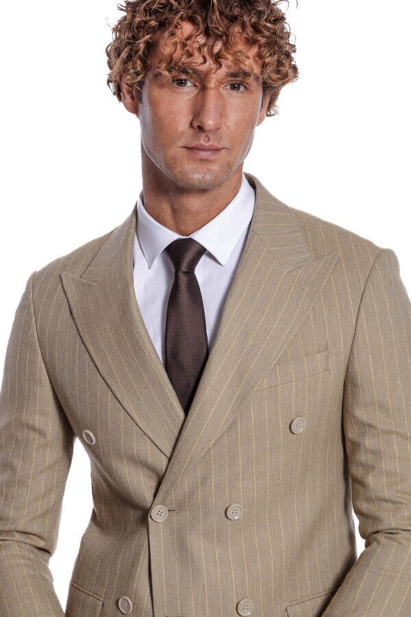 WSS Striped Double Breasted Cream Men Blazer  - Tournai
