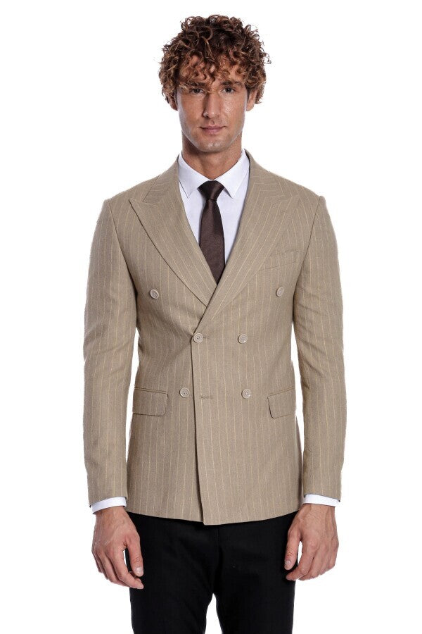 WSS Striped Double Breasted Cream Men Blazer  - Tournai