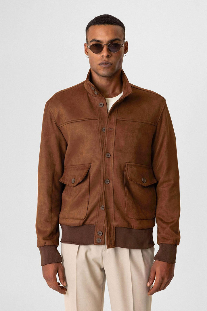 ANT Stand Collar Suede Men's Coat with Waist Elastic - Orizaba