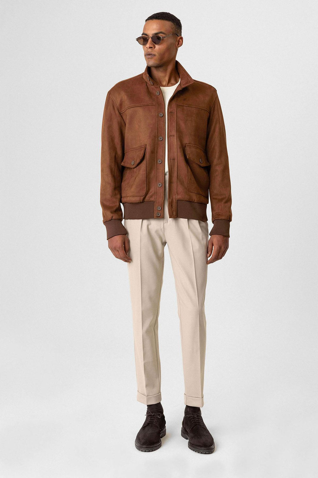 ANT Stand Collar Suede Men's Coat with Waist Elastic - Orizaba