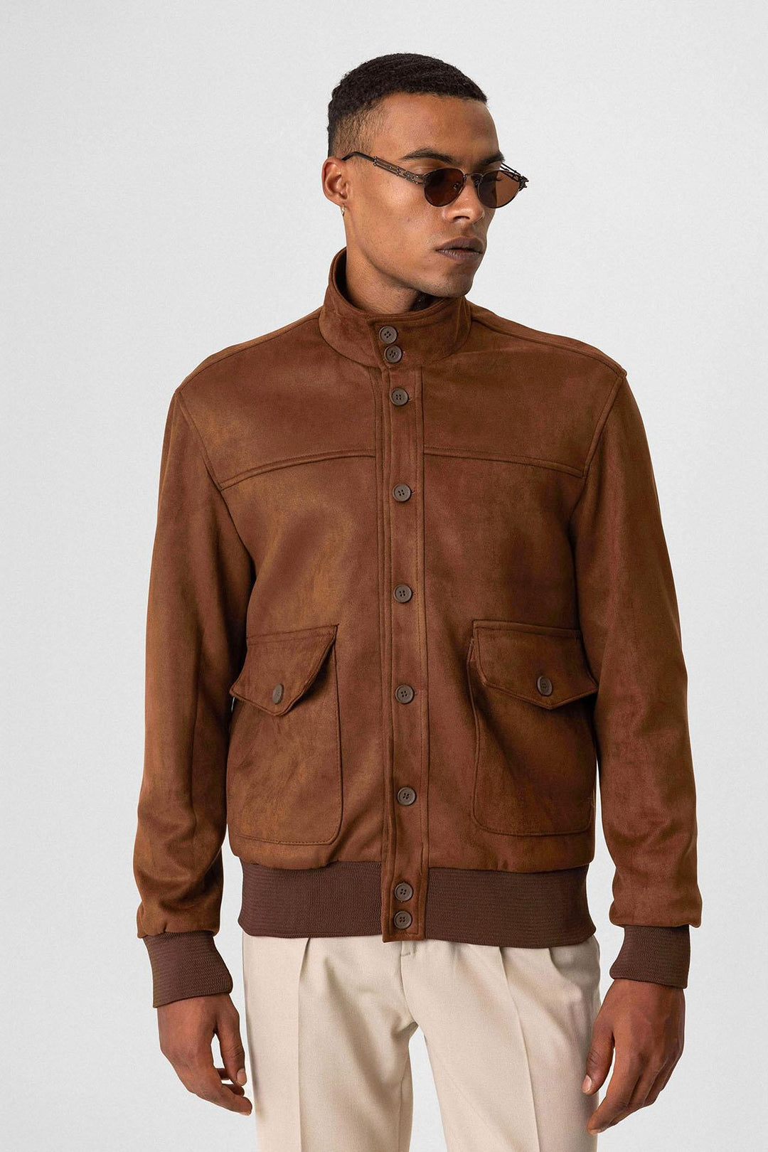 ANT Stand Collar Suede Men's Coat with Waist Elastic - Orizaba