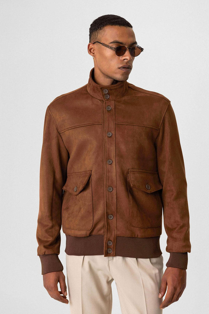 ANT Stand Collar Suede Men's Coat with Waist Elastic - Orizaba
