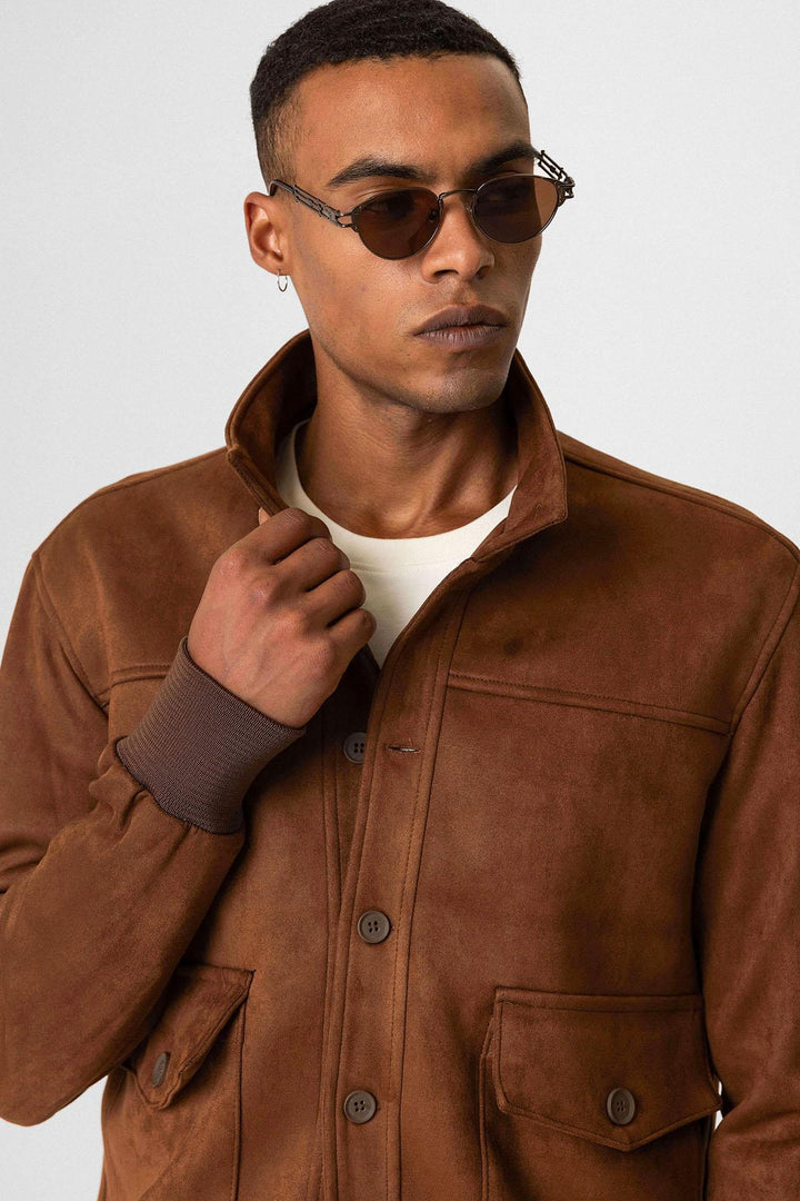 ANT Stand Collar Suede Men's Coat with Waist Elastic - Orizaba