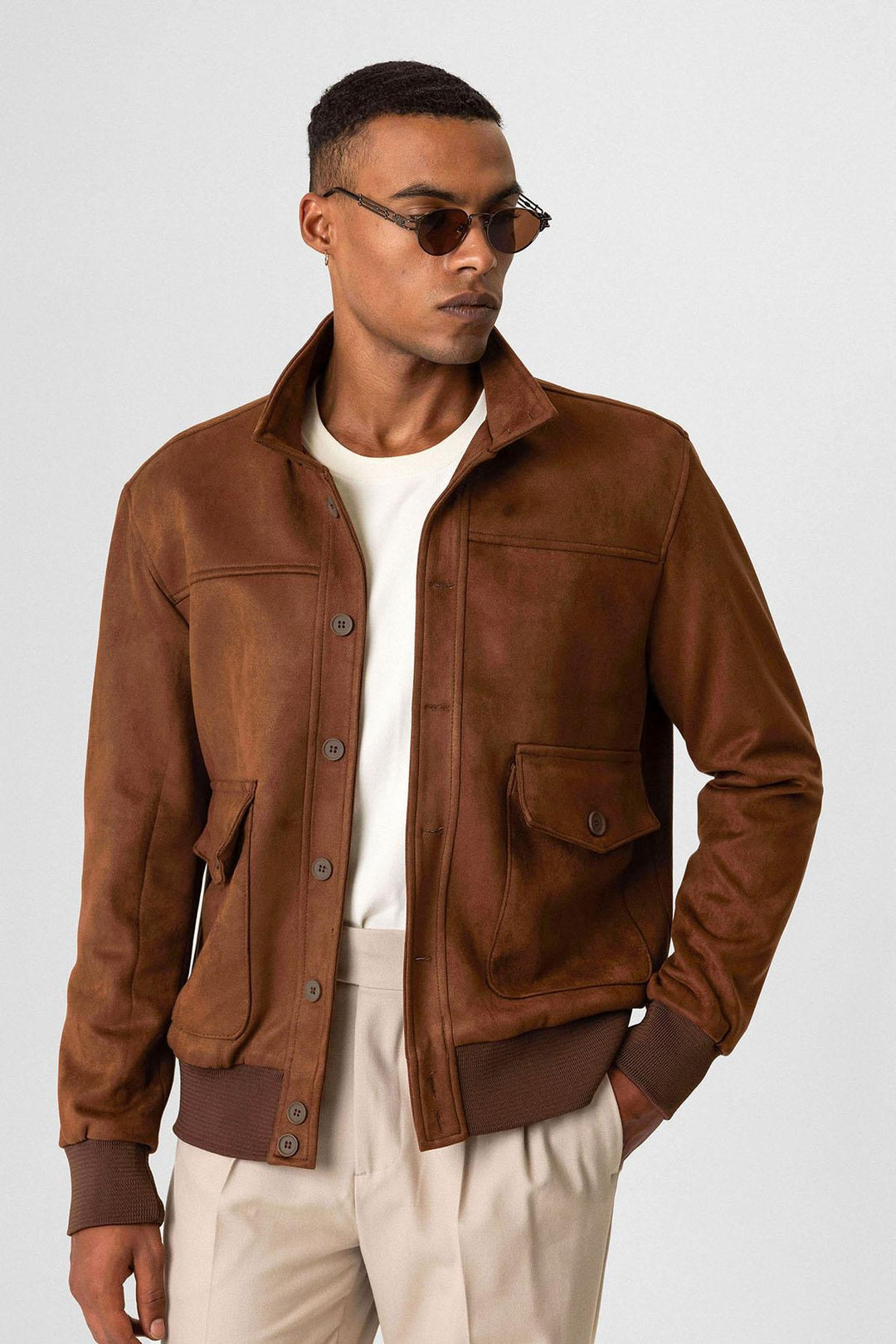 ANT Stand Collar Suede Men's Coat with Waist Elastic - Orizaba