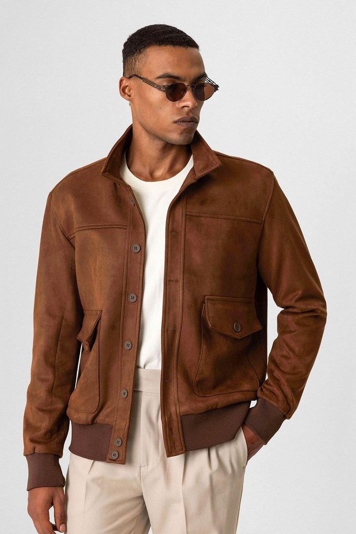 ANT Stand Collar Suede Men's Coat with Waist Elastic - Orizaba