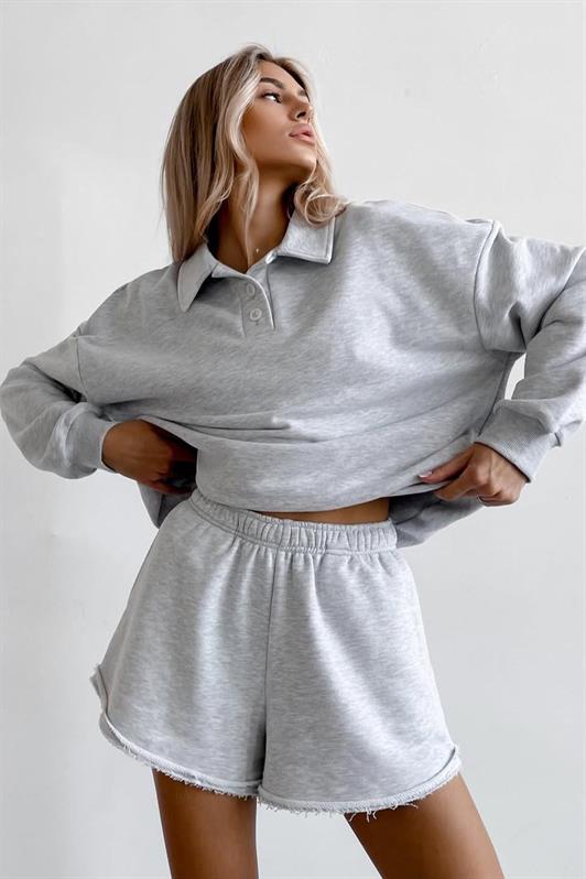 MDX Gray Polo Neck Women's Shorts Sweatshirt Set Mg2375 - Viana do Castelo
