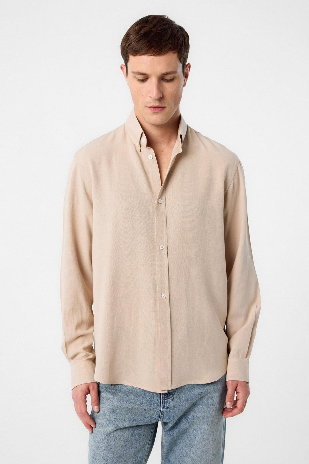 ANT Antioch Stone Linen Blend Collared Button-Up Men's Shirt - Celle