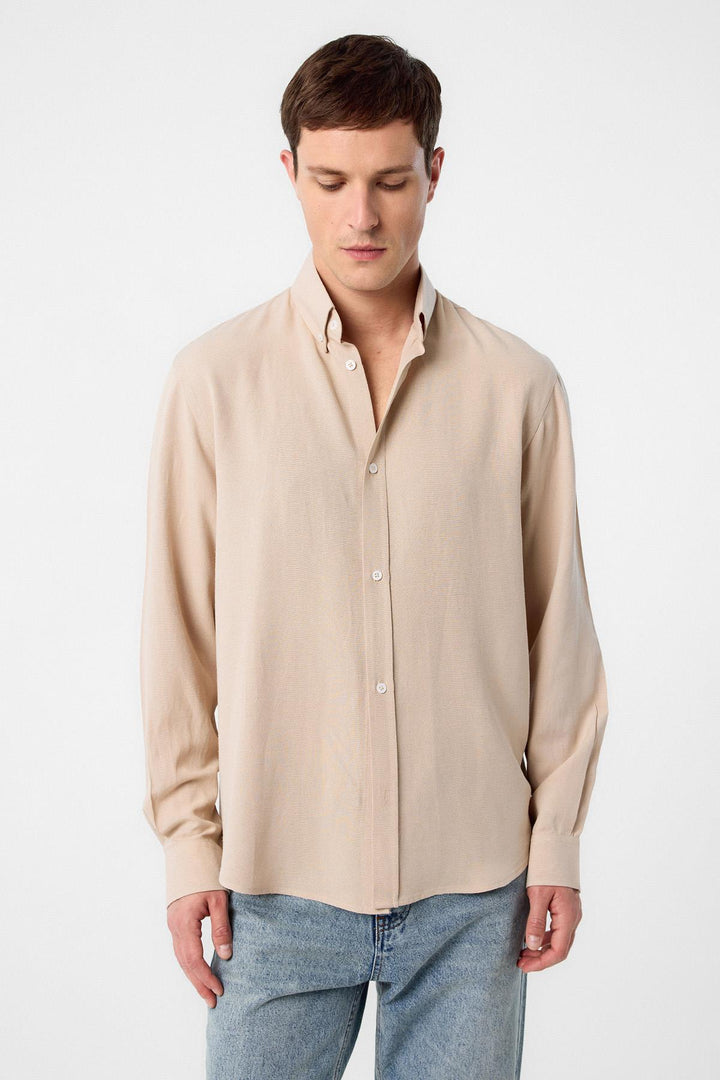 ANT Antioch Stone Linen Blend Collared Button-Up Men's Shirt - Celle