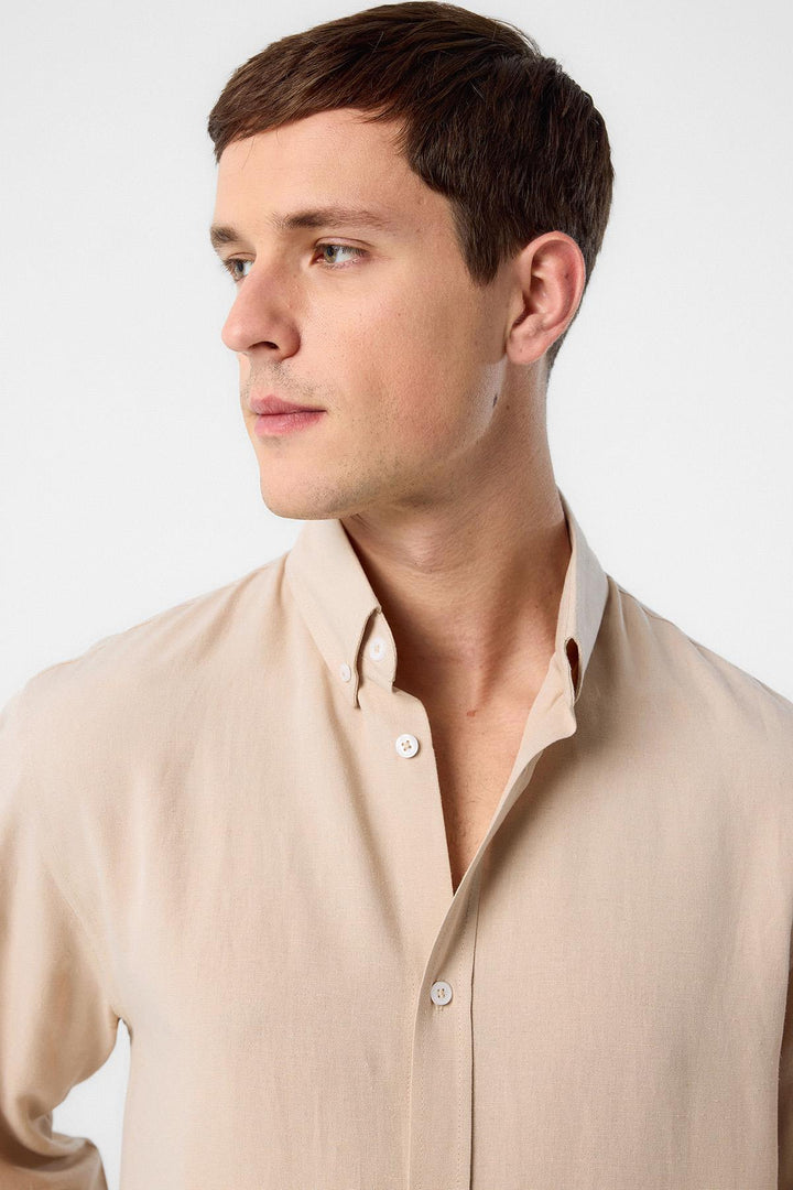 ANT Antioch Stone Linen Blend Collared Button-Up Men's Shirt - Celle