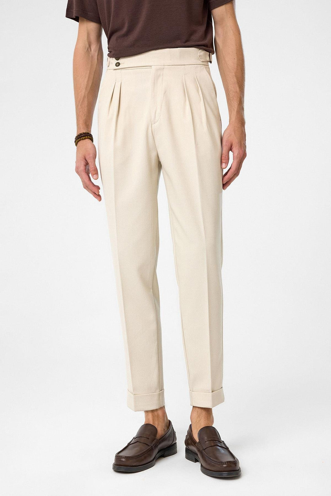 ANT Antioch Stone High Waist Side Buckle Pleated Fabric Pants - San Jacinto