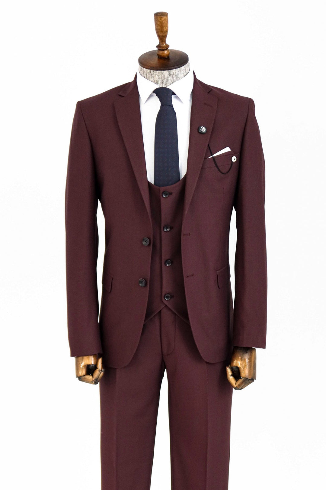 WSS Burgundy Slim Fit Men's Suit with Vest - Nancy
