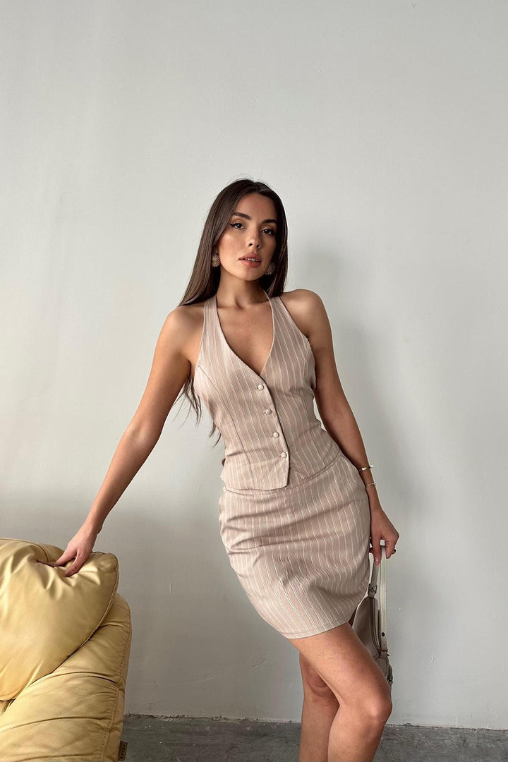 ELS Wholesale Beige Striped Vest and Skirt Set - Port Orange