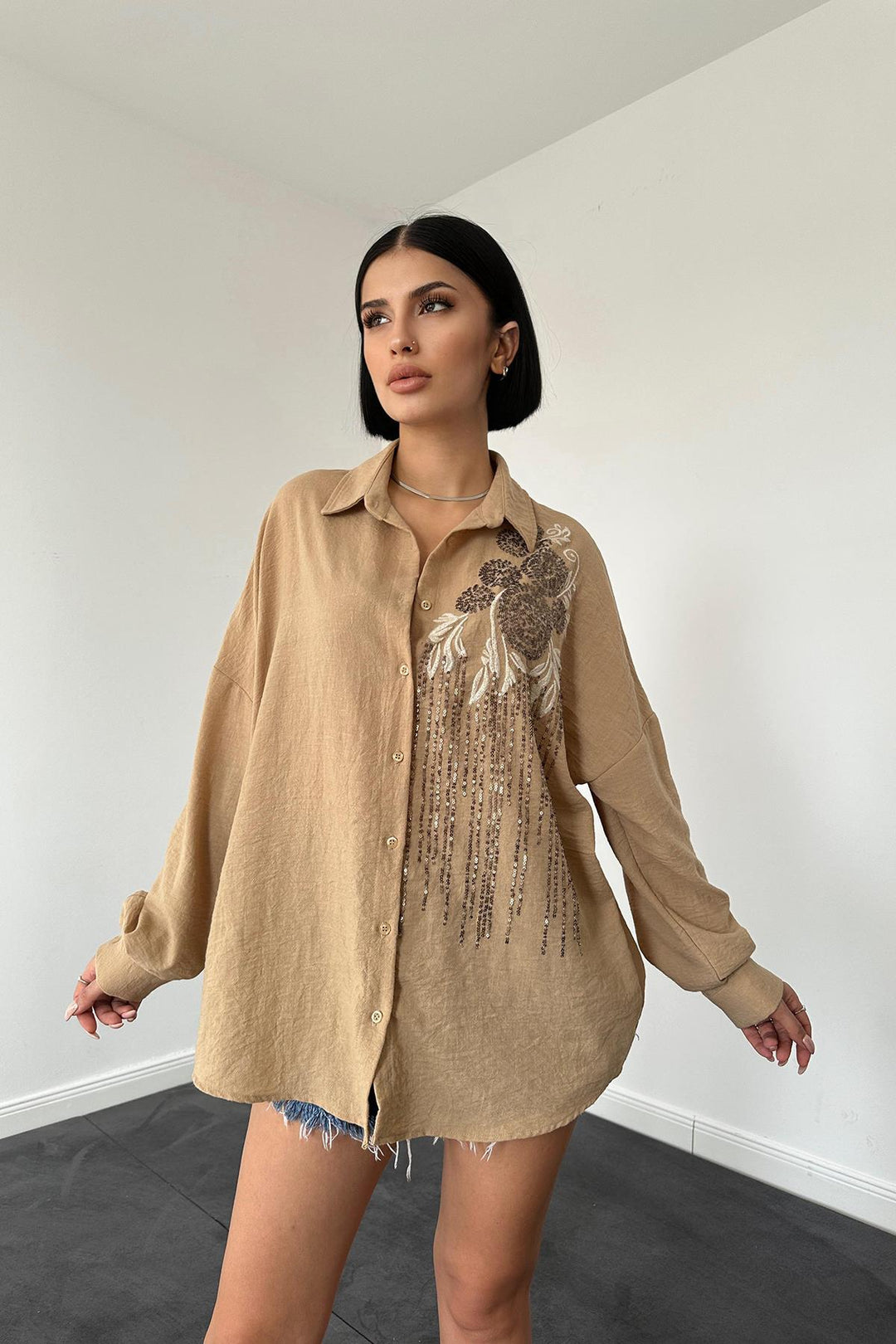 ELS Wholesale Beige Pulpayet Embroidered Sleeveless Shirt - Warrington