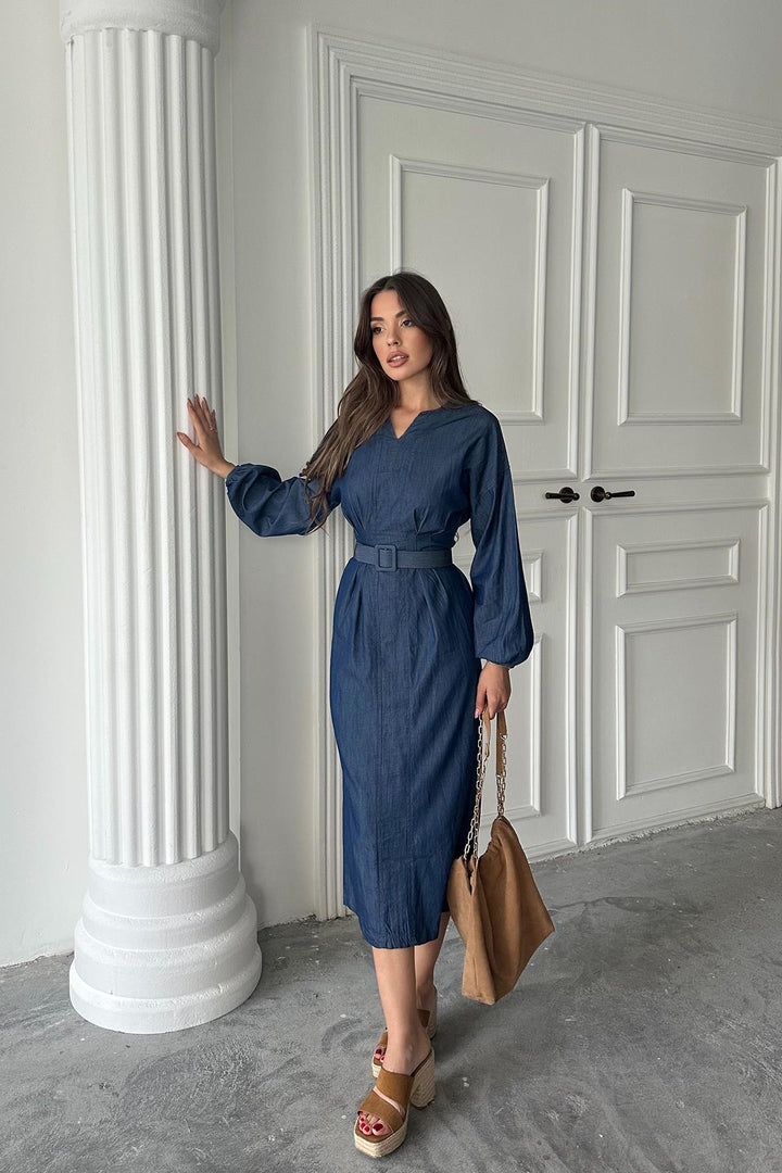 ELS Wholesale Blue Tencel Long Sleeve Dress - Bountiful