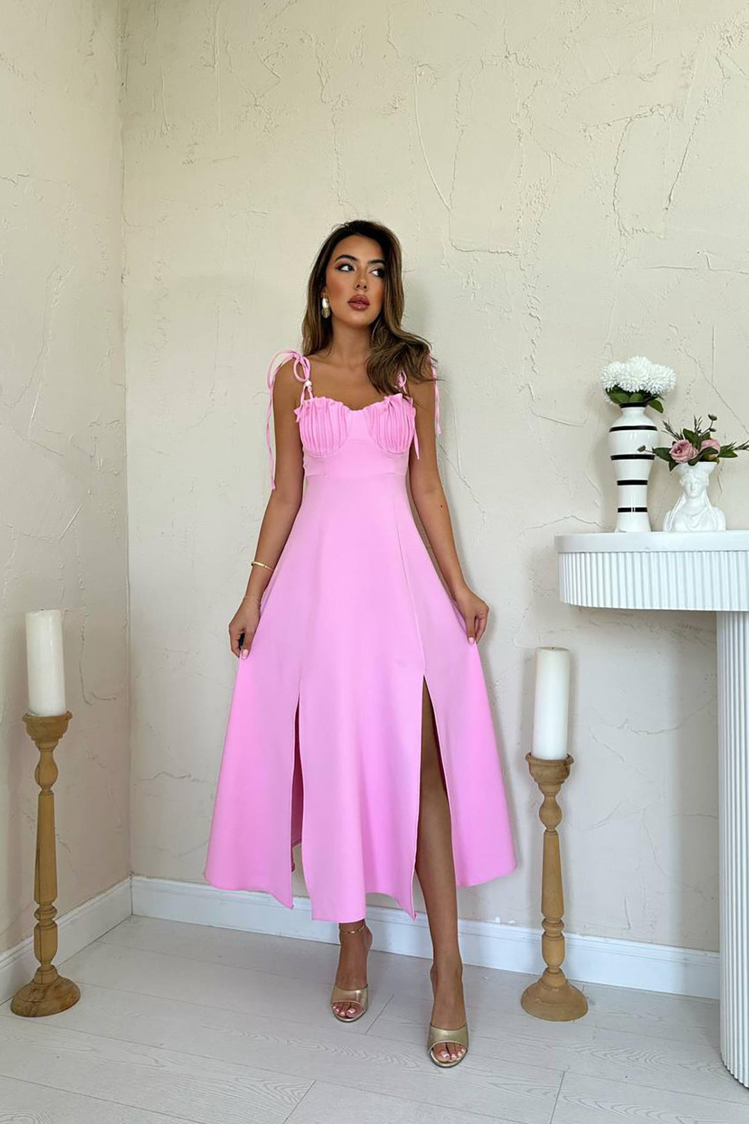 ELS Wholesale Pink Slit Bustier Satin Dress - Lodi