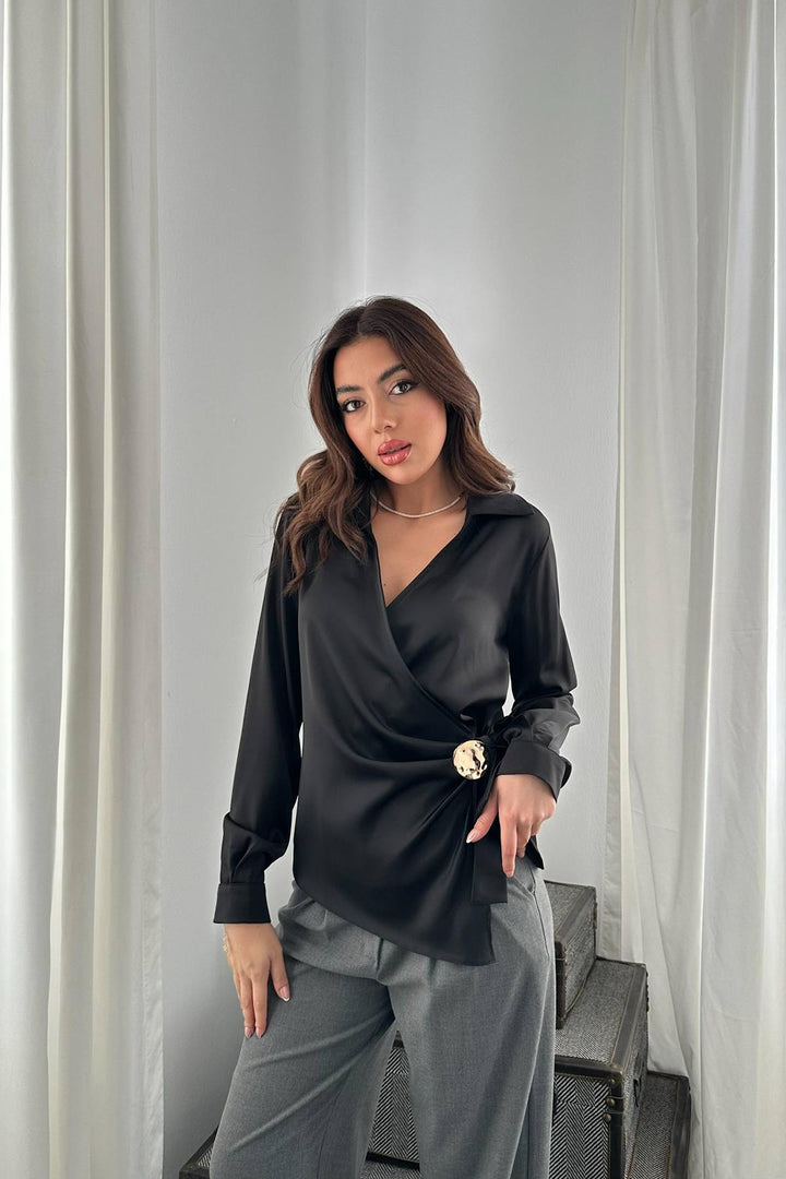 ELS Wholesale Black Button Detailed Satin Blouse - Krasnodon