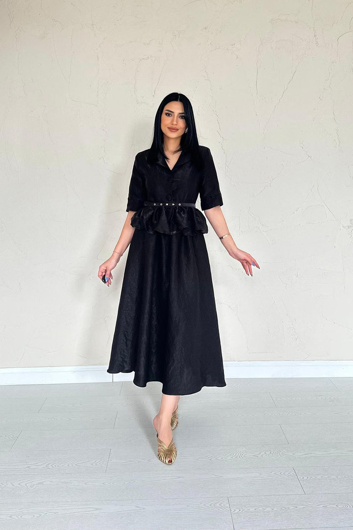 ELS Wholesale Black Thin Belted Ruffled Jacket and Ruched Skirt Set - La Mirada