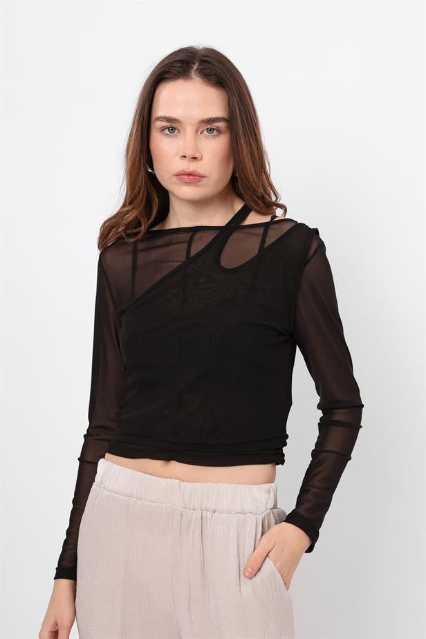 RYN Wholesale Transparent Asymmetric Black Blouse - Webster