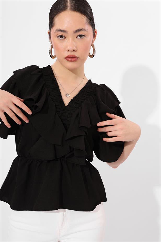 RYN Wholesale Front Ruffled Blouse Black - Bellevue