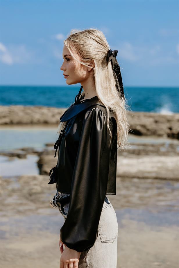 RYN Front Lace Leather Blouse - Black - Unna