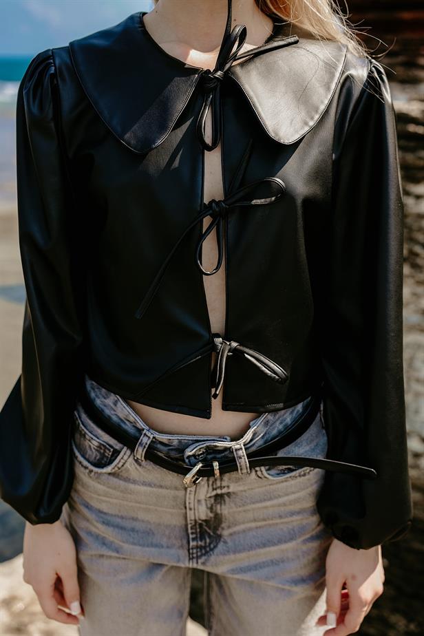 RYN Front Lace Leather Blouse - Black - Unna