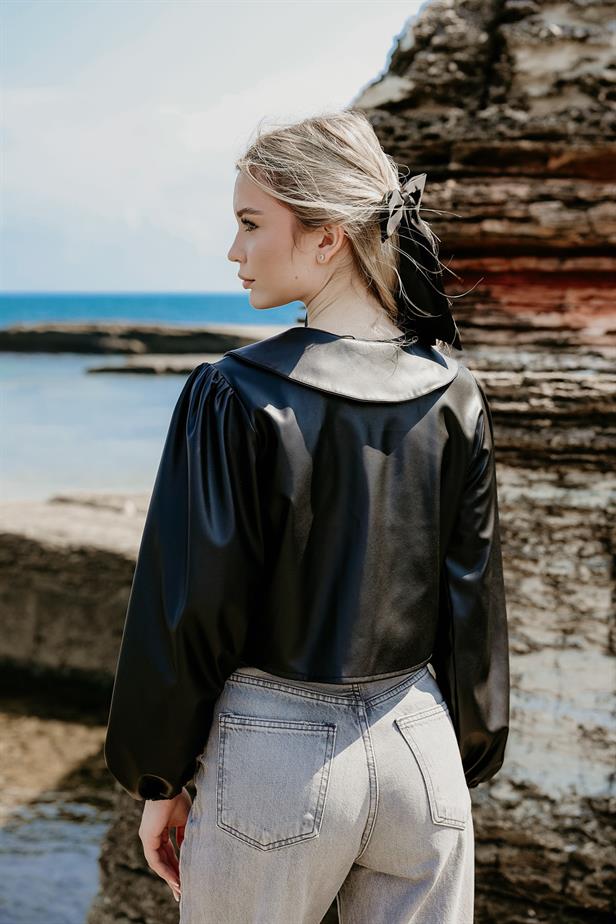 RYN Front Lace Leather Blouse - Black - Unna