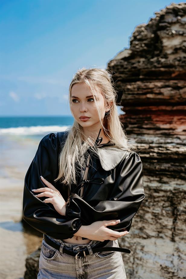 RYN Front Lace Leather Blouse - Black - Unna