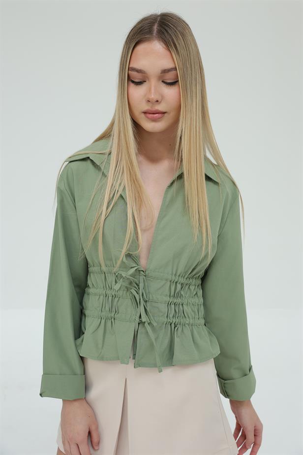 RYN Lace-Up Front Blouse - Khaki - Colombes